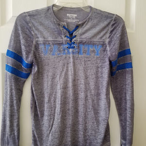 Girls Butter Gray Sheer Varsity Top size L NWOT